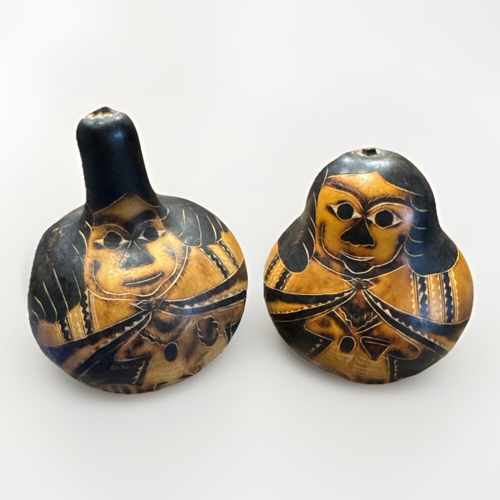 (2) Set Peruvian Etched Carved Painted Gourd Folk Art Figures Man & Woman